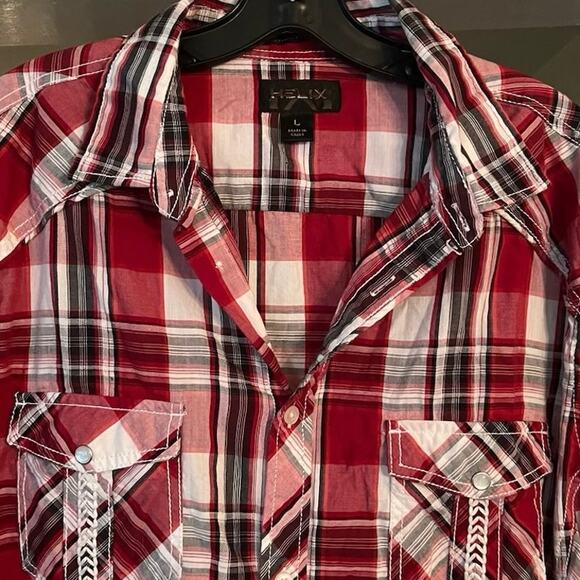 Helix Red Plaid Shirt Athletic Fit Roll L Tab Sleeves Embroidered Country Cherry - Picture 10 of 10